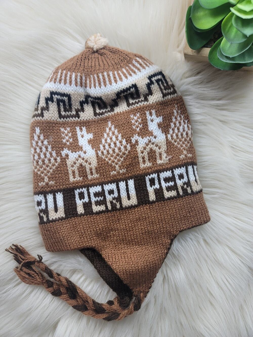 Peruvian Alpaca Reversible Chullo Beanie Brown & Beige W/Earflaps Ethnic Artisan